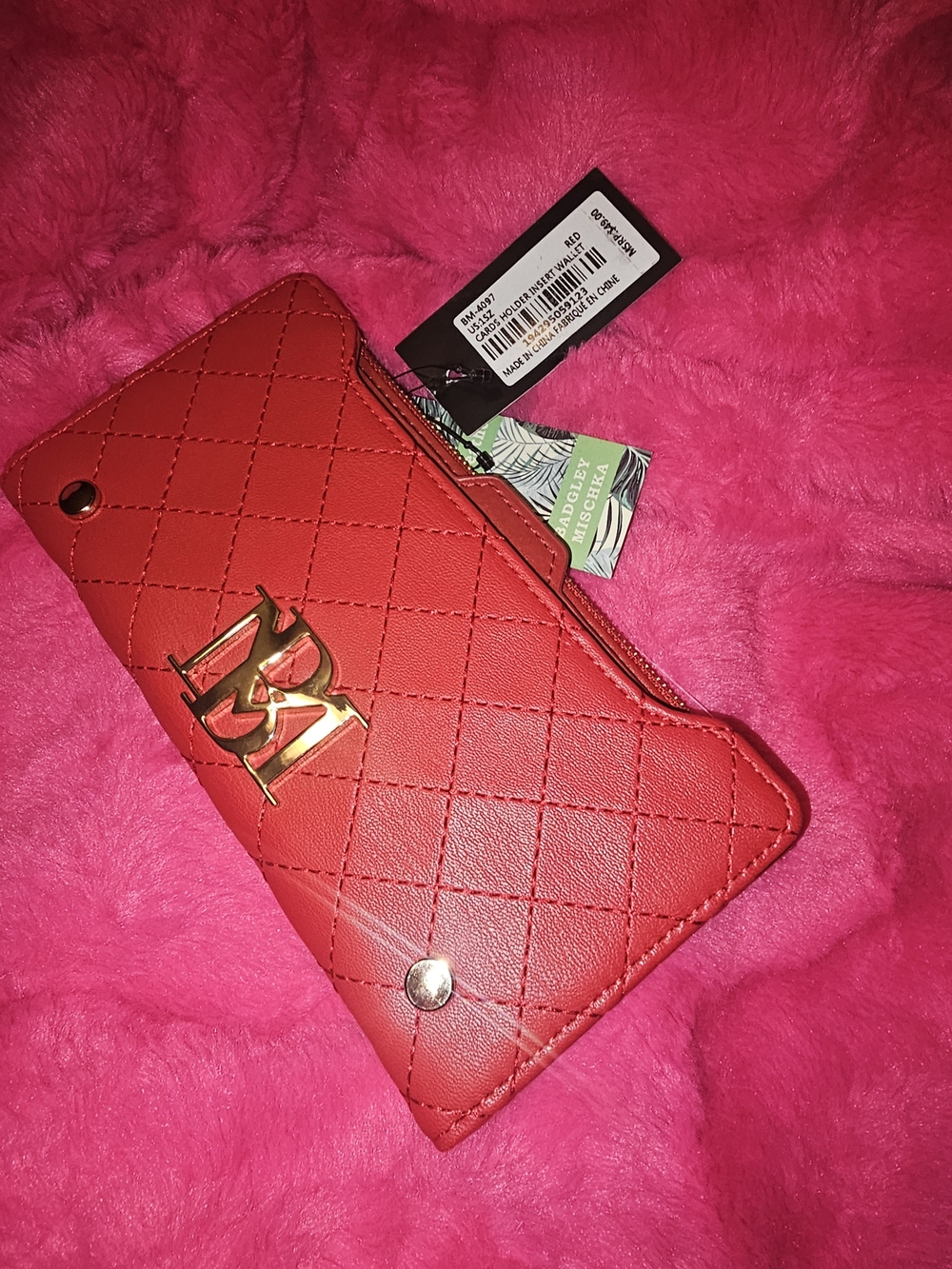 HBadgley Mischka Red Quilted Wallet with Gold Logo